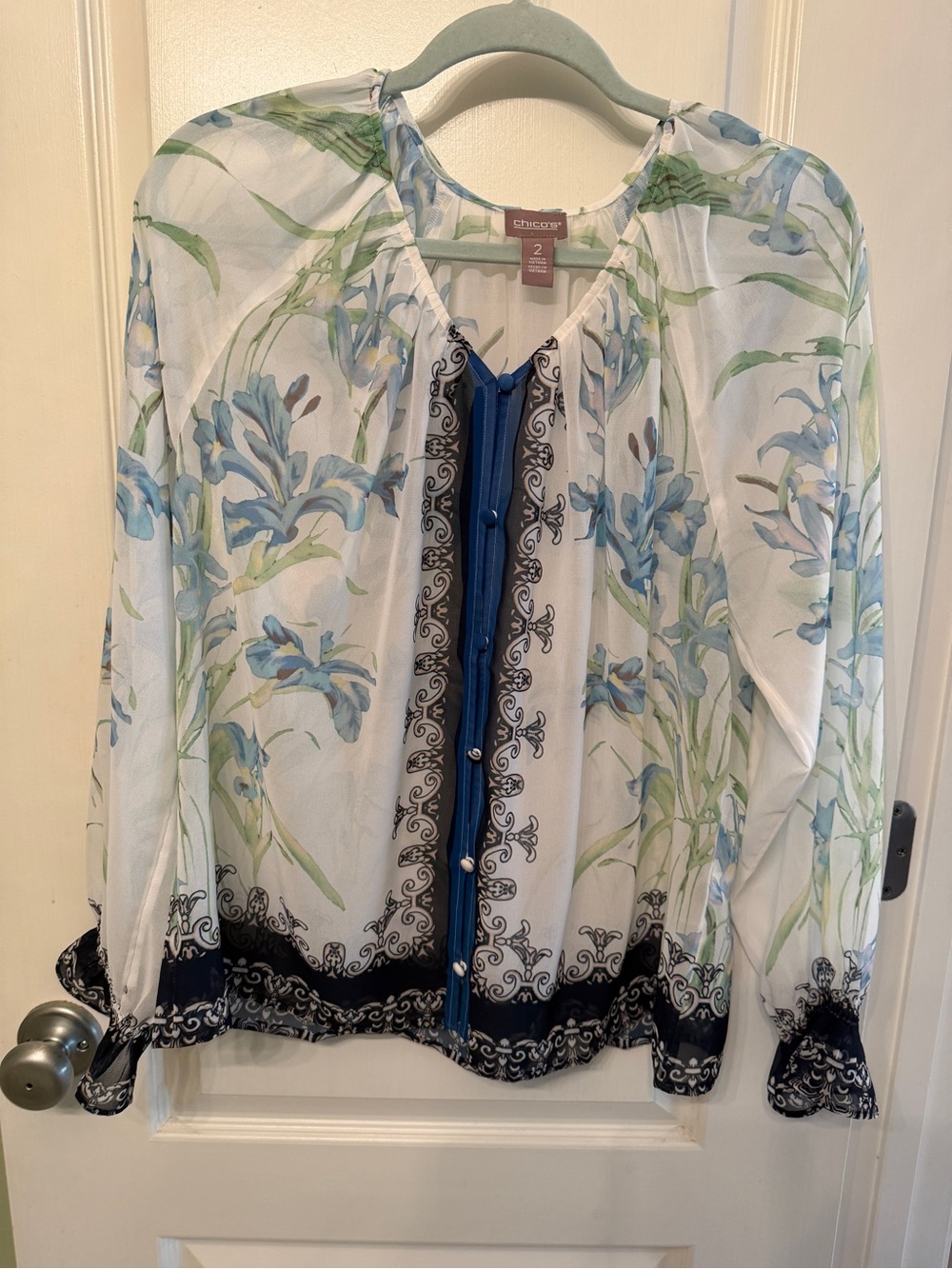 Chico's White Sheer Floral Button Blouse with Blue & Green Accents